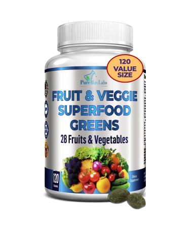 Fruit and Veggie Superfood Greens - 120 Tablets - 28 Fruits and Vegetables incl. Alfalfa, Barley Grass, Spirulina, Beet Root, Tart Cherry, Non-GMO - 120 Tablets