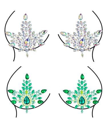 2 Set Breast Gems Jewels Stick for Festival White and Green Self Adhesive Gemstone Stickers Women Face Gems Nail Decor Temporary Tattoo Makeup Jewels Accessories for Women Green and White Gems