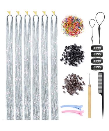 Hair Tinsel Kit with Tools 6pcs 1200 Strands Hair Tinsel Heat Resistant Tinsel Hair Extensions Fairy Hair Sparkling Shiny Glitter Hair Extensions for Women Girl Kids (Silver)