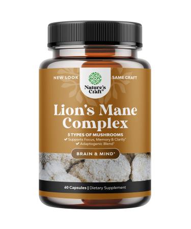 Nootropic Lions Mane Mushroom Capsules - Lion s Mane Mushroom Complex Immune System Booster and Brain Supplement - Mushroom Extract Focus Pills Brain Booster and Mood Support with Reishi Mushroom 60 Count (Pack of 1)