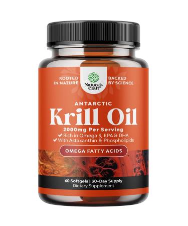 Antarctic Krill Oil 2000mg Softgels Per Serving - Omega 3 Krill Oil Supplement with EPA DHA & Astaxanthin (60 Count (Pack of 1)