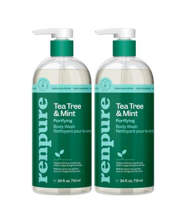 Renpure Tea Tree & Mint Body Wash - Cleanses Invigorates & Refreshes Skin Without Over-Drying - For All Skin Types - Tea Tree Leaf Oil Spearmint Leaf Oil - 24 Fl Oz each 2 Pack Tea Tree & Mint 48 Ounce (Pack of 1) Green