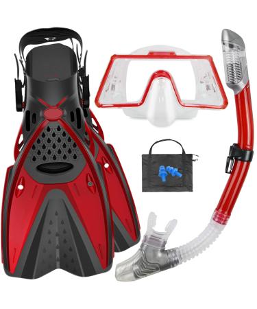 Qoqooice Snorkeling Gear for Adults with Fins Mask,Adults Snorkeling Set with Swim Goggles Anti-Fog Anit-Leak,Adjustable Flippers,Dry Top Snorkel,Snorkeling Gear Bag and Earplugs S/M(US 4.5-8.5) B-RED