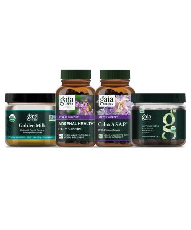 Gaia Herbs Calm Kit - Adrenal Health Daily Support Calm A.S.A.P. Ashwagandha Gummies Golden Milk