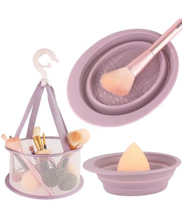 Makeup Brush Cleaning Mat & Hanging Drying Net, Foldable Silicone Makeup Brush Cleaner Brush Cleaning Pad cleaning bowl with Mesh Drying Rack Basket to dry Makeup Sponge, powder puff, brush (Purple)