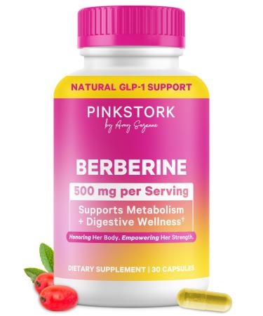 Pink Stork Berberine 500mg - Nature's GLP-1 Supplement - Daily AMPK Metabolic Activator - 500-1000 mg Metabolism + Gut Health for Women | Third-Party Tested | Vegan | Non-GMO| 30 Capsules