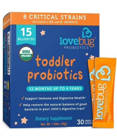 LoveBug Probiotics Toddler Probiotics Tiny Tummies Daily Probiotic + Prebiotic 12 Mos. Up To 4 Yrs. 30 Single Serve Stick Packs 1.59 oz ( 45 g)
