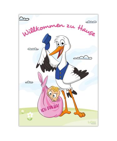 Poster for birth I Stork with baby girl I Welcome home I DIN A2 poster I Baby shower decoration pink birth gift
