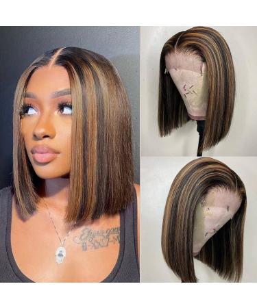 Haha Brown Bob Highlight Wig | Human Hair Ombre Lace Front 4x4 Closure Bob Wig | Short Bob Wig for Women | Black Honey Blonde 12 Inch 180% Density | Glueless Pre Plucked Highlight Brown Bob Wig - Buy Online on GoSupps.com
