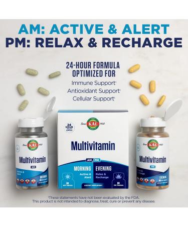 KAL Multivitamin AM/PM 2-in-1 Womens and Mens Multivitamins Supplements Turmeric Tart Cherry Organic Matcha and Spirulina for Immune and Cellular Support Gluten Free 30 Servings 120 Tablets - Buy Online on GoSupps.com