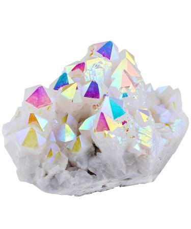 Kyeygwo natural mountain crystal titanium coated crystal quartz cluster specimen gem figure decoration irregular natural piece healing Reiki stone decoration angel aura 65 x 44 x 35 mm - 100 x 70 x 60 mm white