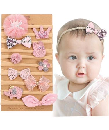 Baby Girls Nylon Bow Flower Tiara Headbands for Newborn Toddlers - 10 pcs Set in Pink - Buy Online on GoSupps.com