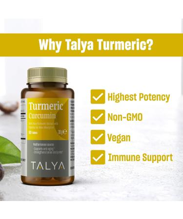 TALYA Turmeric Curcumin with Black Pepper | Turmeric Supplement with 95% Curcuminoids | Bones & Joint Supports | Non-GMO Vegan Gluten Free | 60 Capsules - Buy Online on GoSupps.com