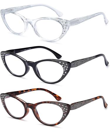 EYEURL Cat Eye Reading Glasses for Women - 3 Pack Blue Light Blocking Eyeglasses Lightweight Anti Eyestrain Readers - 2.00 Black/Clear/Tortoise - Buy Online on GoSupps.com