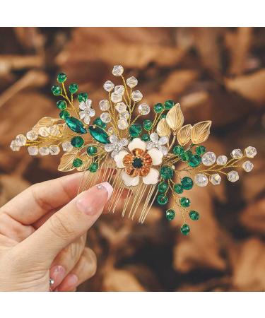 IYOU Sparkly Crystal Wedding Hair Comb Green Flower Bridal Hair Accessories Beads Leaf Prom Headpiece for Brides and Bridesmaids