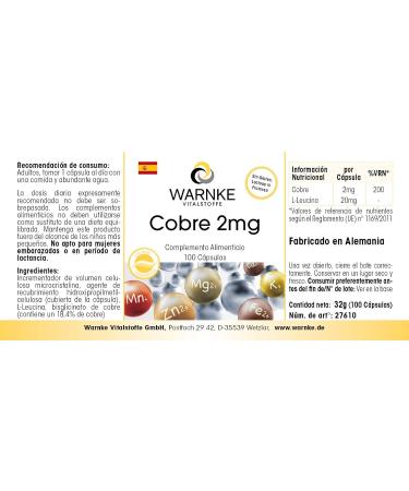 Copper Capsules 2mg - Vegan - 100 Capsules - Copper Bisglycinate | Warnke Vitalstoffe | German Pharmacy Quality - International Shipping - Buy Online on GoSupps.com