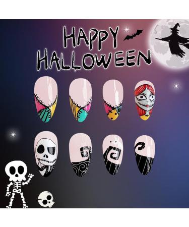 Halloween Press on Nails - Short Almond French Tip Skull & Ghost Designs | 24Pcs Full Cover Acrylic Artificial Nails for Women - Nightmare Before Christmas - Buy Online on GoSupps.com