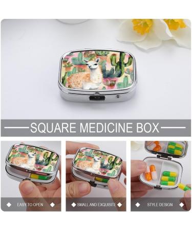 White Alpaca Watercolor & Cactus Print Pill Box | Decorative 2-Compartment Medicine Organizer | Portable Metal Pill Case for Pocket & Purse - Buy Online on GoSupps.com