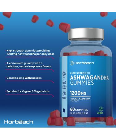 Ashwagandha Gummies 1200mg | 60 Vegan Gummies | with 5% Withanolides | Natural Raspberry Flavour | by Horbaach - Buy Online on GoSupps.com