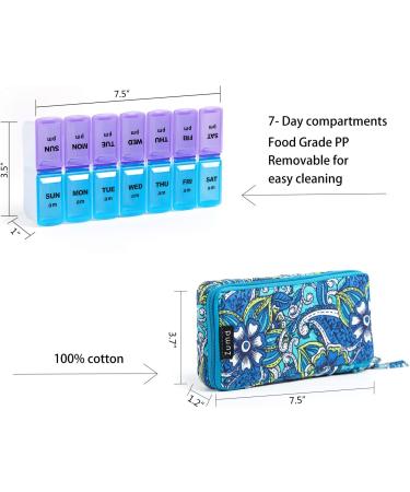 Blue Floral Quilted Cotton Travel Pill Organizer with Easy Zipper Push Button - Pill Box & Medicine Organizer - Buy Online on GoSupps.com