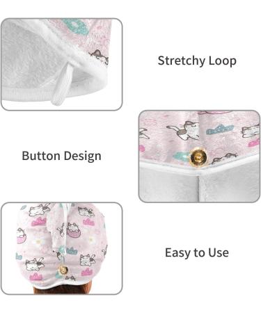 Pink Cartoon Cat Dry Hair Cap - 2 Piece Quick Drying Towel Set with Button Headband | Super Absorbent & Comfortable - Buy Online on GoSupps.com