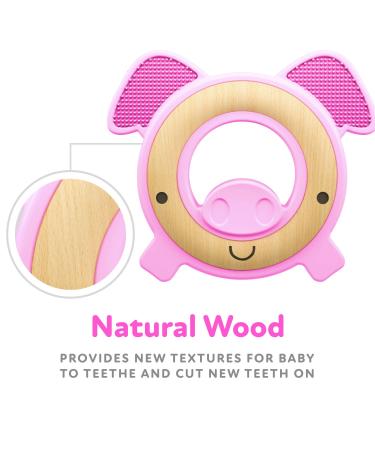 Nuby Natural Wood & Silicone Teether Pig 3M+ Pink - 80803 | Eco-Friendly Teething Toy - Buy Online on GoSupps.com