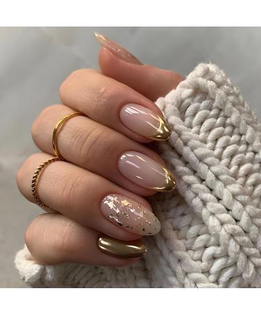 Gold Press on Nails French Tip Fake Nails Almond Nails Press on Gold Foil Designs False Nails Glossy Acrylic Nails Full Cover Glue on Nails Almond Shape French Tip Nails for Women Manicure 24Pcs Pattern 3