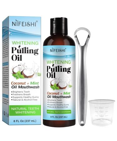 Coconut Pulling Oil (8 Fl.Oz) Mint Oil Pulling Mouthwash with Tongue Scraper Natural Alcohol Free Mouthwash Teeth Whitening & Gum Health Fresh Breath Coconut Oil Pulling for Healthier