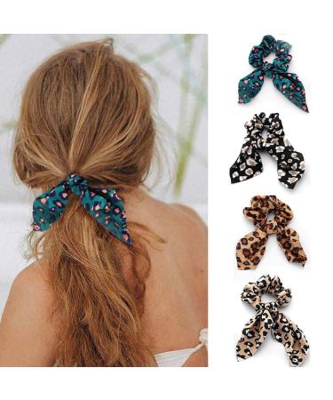Bartosi Hair Ties for Women Bow Hair Scrunchies Rabbit Bunny Ear Hair Bands Elastic Scrunchy Bow knot Ponytail Holders Stretchy Hair Ropes Fashion Hair Scarf Hair Accessories for Women and Girls Pack of 4 Black Leopard