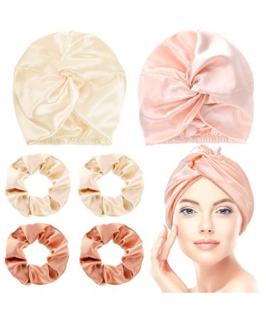 6 Pieces Silk Bonnet Silk Hair Wrap for Sleeping and Natural Silk Scrunchy Soft Silk Scrunchies Hair Sleep Silk Sleeping Bonnet for Women Hair Care Silk Ponytail Holder (Beige, Pink, Rose Gold)