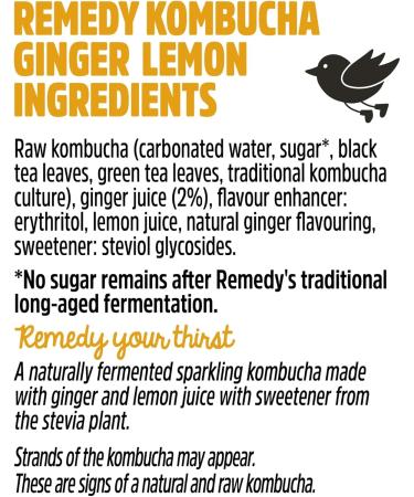 Remedy Raw Kombucha Tea Sparkling Live Cultured Drink Sugar Free Ginger Lemon - 8.45 Oz Pack Of 12 - Buy Online on GoSupps.com