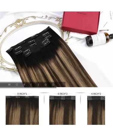 Moresoo Balayage Clip In Hair Extensions - Real Hair Ombre #1B/4/18 & #1B/4/14 - 5pcs 80g 35cm - Double Broken Black to Dark Brown & Dark Blonde - Buy Online on GoSupps.com