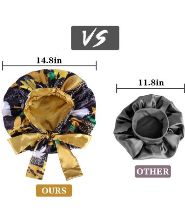 WEIPAO Silk Satin Bonnet - Reversible Large Sleep Cap for Curly Hair | Leaf Print Black+Yellow - Buy Online on GoSupps.com