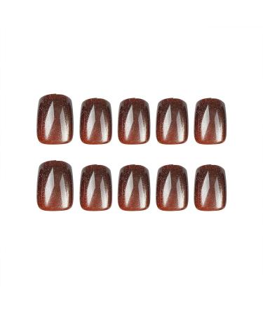 Shop Short Press on Nails - Square Cat Eye Acrylic Nails | Glossy Brown Full Cover False Nails - 24 Pcs for Women - Buy Online on GoSupps.com