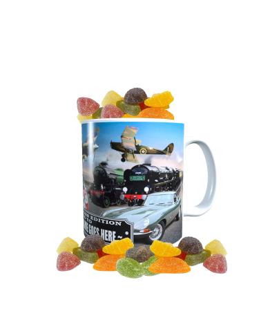 Planes Trains and Automobiles Classic Car Icons Personalised Mug with Choice of Sweets Gift