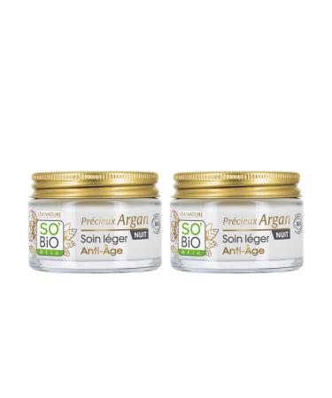 So'Bio tic L A NATURE SO BiO tic | Light Anti-Aging Night Cream Precious Argan | Smoothes & Firms | Organic Argan Oil | Hyaluronic Acid | 99% Natural Origin | Made in France | Pack of 2 x 50 ml