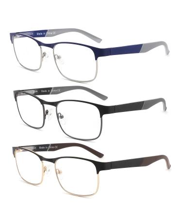 Blue Light Reading Glasses for Men Women, Lightweight Metal Rectangle Full Frame Readers,Anti Eyestrain/ Computer Glare/ UV, Spring Hinge Eyeglasses +0.75 3 Pack Mix 0.75 x