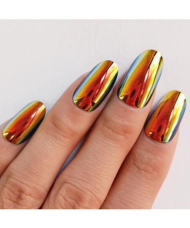 Press On Nails Medium Gold Chrome Round Metallic Press Ons  Shiny Mirror Punk Rock Iridescent Holographic Nails  24Pcs Black And Gold Fake Nails For Women - SENA NAIL Colorful Gold Chrome