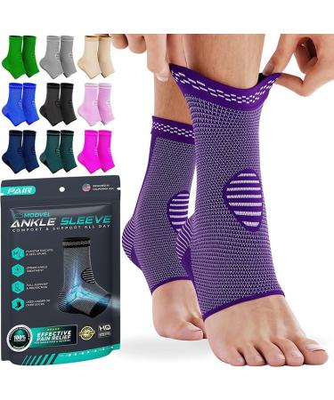 Modvel Foot & Ankle Brace Socks for Sprained Ankle Compression Sleeve - Ankle Support for Women & Men - Tendonitis & Arthritis Ankle Brace Sports Running Torn Ligaments & Women T Purple Small Small T Purple