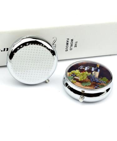 Shop Round Pill Box with Red Wine Glasses & Grapes Print - 3 Compartment Decorative Metal Organizer for Medication - Buy Online on GoSupps.com