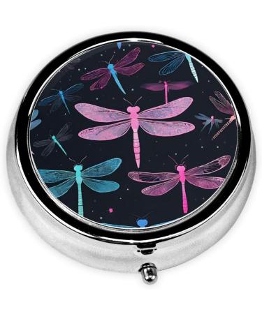 Purple Dragonfly Round Pill Box - 3 Compartment Mini Decorative Organizer for Travel | Portable Medicine & Vitamin Holder - Buy Online on GoSupps.com