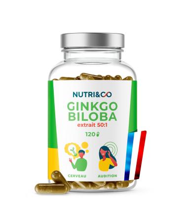 NUTRI & CO Ginkgo Biloba Organic Extra Strong 6000mg - Extract 50:1 Superior Quality - Cognitive Stimulating Memory Concentration & Hearing - 120 Vegan Capsules - Made in France
