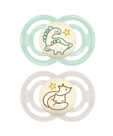 Mam Perfect Night Schnuller in the 2 Set shining in the dark tooth-friendly baby pacifier from sustainable & organic-renewable materials with pacifier box 6-16 months Dino / Fuchs 6-16 / Silicone / Night (2-pack) Dino / Fuchs