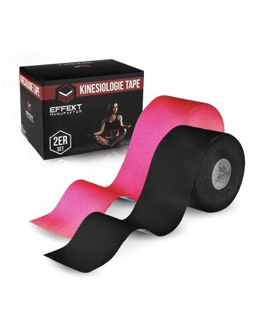 Effekt Kinesiology Tape Waterproof (5 m x 5 cm) 1 Roll - Elastic Physio Tape for Muscle Support and Injury Recovery Kinetic Tape Sports Tape Strapping Durable Kinesthetic Tape (Pink + Black) Pink + Black 2 Rolls