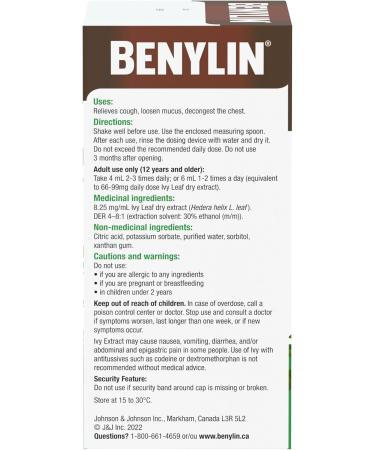 BENYLIN HERBAL Cough Syrup Ivy Leaf Herbal Decongestant Cold & Flu Relief Cough Suppressant Sugar Free Antioxidants 100-mL - Buy Online on GoSupps.com