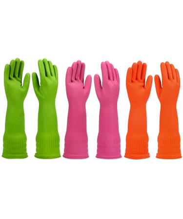 Wekiwgot 3 pairs of rubber gloves long for kitchen reusable and waterproof with non -slip handle ideal for household cleaning and rinsing different colors