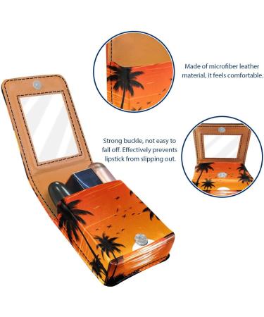 Leather Lipstick Case with Mirror - Mini Lip Gloss Organizer | Beach Palm Tree Sunset Design - Buy Online on GoSupps.com