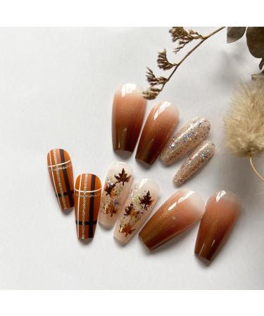 Fall Press on Coffin Nails | Medium Length Acrylic | Maple Leaves Gradient Brown Glitter | Glossy Artificial Nails for Women & Girls - Buy Online on GoSupps.com