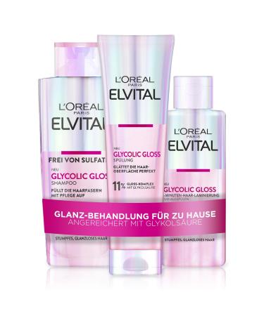 L'Or al Paris Elvital Glycolic Gloss Bundle with shampoo rinsing and 5 minutes hair lamination for lackluster hair to improve hair quality and for more shine with glycolic acid 3-part bundle 3 parts