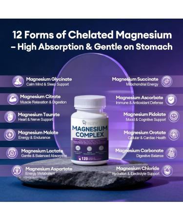 Magnesium Complex with Ashwagandha L-Theanine & NAD+ | 24-in-1 Chelated Blend with Glycinate Malate Citrate & More | Supports Calm Energy Muscle & Sleep | Non-GMO 120 Vegan Capsules - Buy Online on GoSupps.com